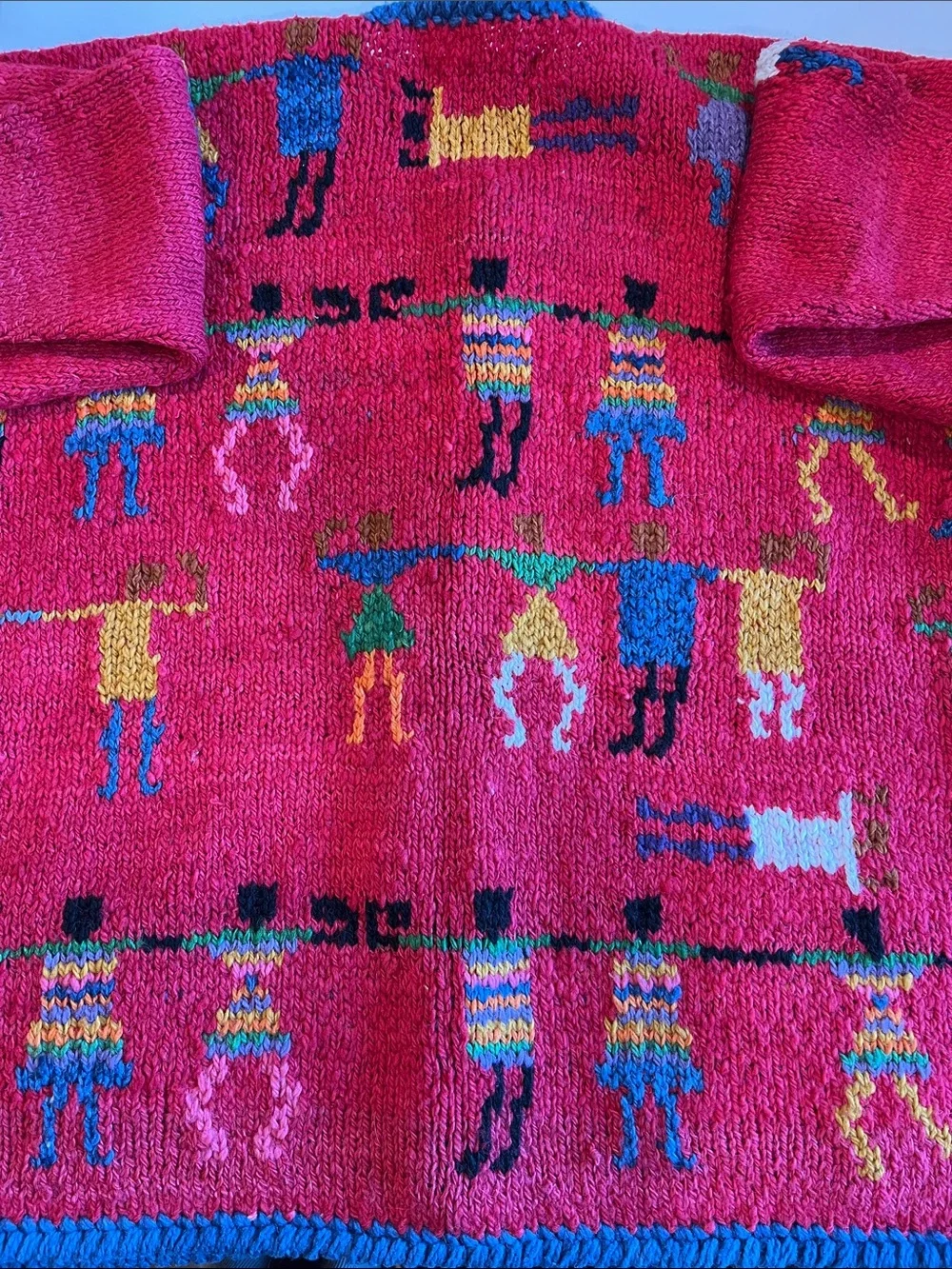 Amano - Vintage, Red Knit Folk Art Cardigan with Multicolor Figures